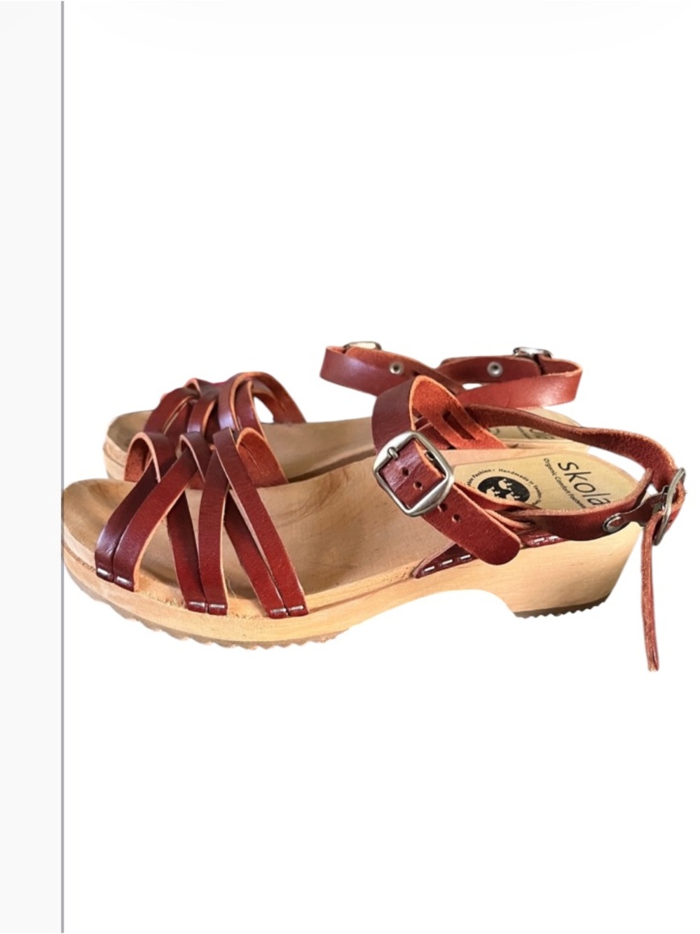 Skola Strappy Leather Wooden Platform Clogs Sz 38